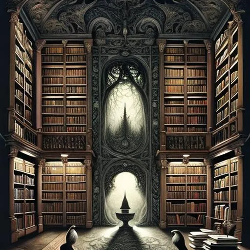 Prompt:  a beautiful, enormous, descriptive book surounded by darkness and swirls of shadow in a  beautiful detailed enormous library