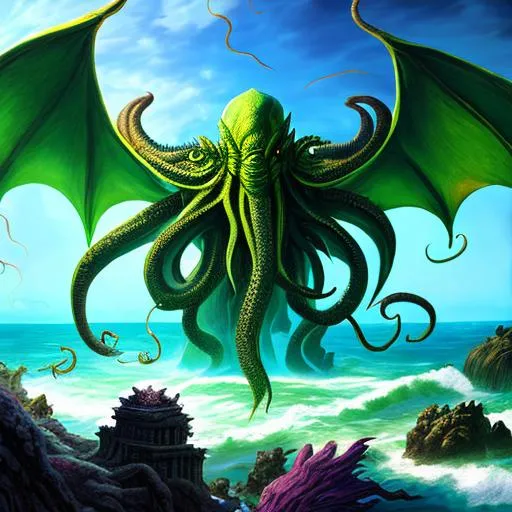 Prompt: photo of huge Cthulhu from Smite walking in the ocean, dark stormy weather, green color scheme, 4K realistic, side angle, Walking towards a city 