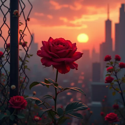 Prompt: Red rose in a fenced area, city skyline in the background, breathtaking sunset or dawn hues blending with fiery reds and soft oranges, inspired by Evgeny Lushpin's neo-romanticism, vibrant cyberpunk art elements, lush detail and shadows interacted with urban ambiance, ultra-detailed, high-definition, blooming in solitude amidst urban chaos.