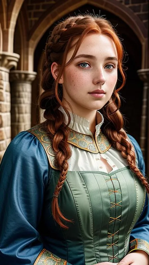 Prompt:  curvy woman, messy braided auburn hair and gray eyes, freckled face, medieval dress, symmetrical face, soft ambient lighting, highly detailed, advanced digital anime art, MEDIEVAL backdrop!! Highly Detailed, Beautiful Composition, Deep Color, Intricate, Sharp