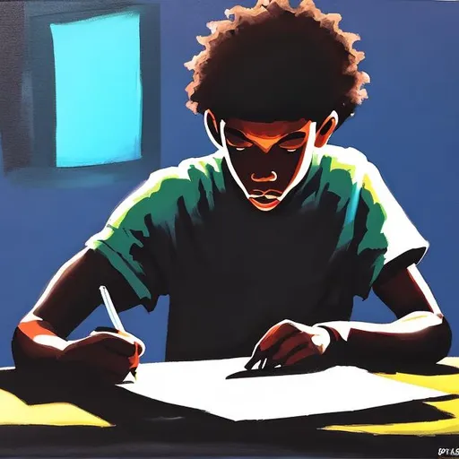 Prompt: acrylic painting of black teenage boy writing a song on a paper in dim light.