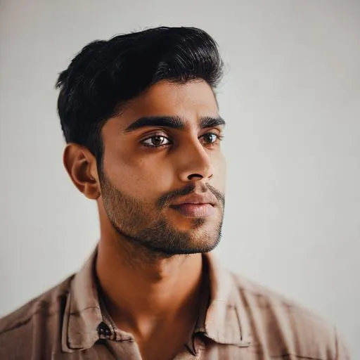Prompt: photo realistic portrait of {indian handsome young man}, centered in frame, facing camera, symmetrical face, ideal human, 85mm lens,f8, photography, ultra details, natural light, light background, photo, Studio lighting