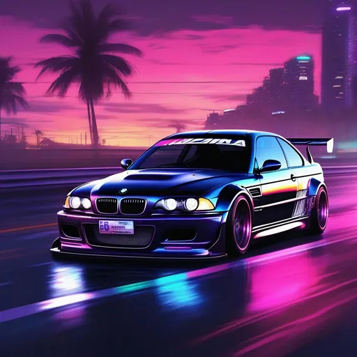 Prompt: 2001 BMW M3 E46 GTR, synthwave, aesthetic cyberpunk, miami, highway, dusk, neon lights, coastal highway, dusk, neon lights, coastal highway, sunset, drift, nurburgring, water on the road, blade runner, 8k, watercolor