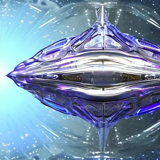 Prompt: Bio-Space ship of metallic flesh, crystal form, squid ship, symmetrical , in the style of startrek