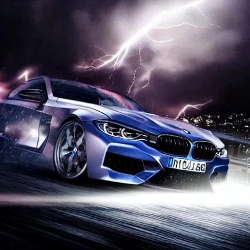 Prompt: a 2023 BMW f90 in motion (((at night))), high speed movie action scene in thunderstorm, (((Need for Speed))), illegal racing game, ((cityscape in background)), ((detailed stunning environment)), (foggy), moody dark atmosphere, bright yellowheadlights, neon underground aesthetics, (scifi), cyberpunk, blade runner, cinematic, cover art, (low front angle), full view of a sports car, [[[wallpaper]]], intricate, highly detailed, digital painting, digital art, artstation, concept art, smooth, sharp focus, illustration, affinity photo, behance