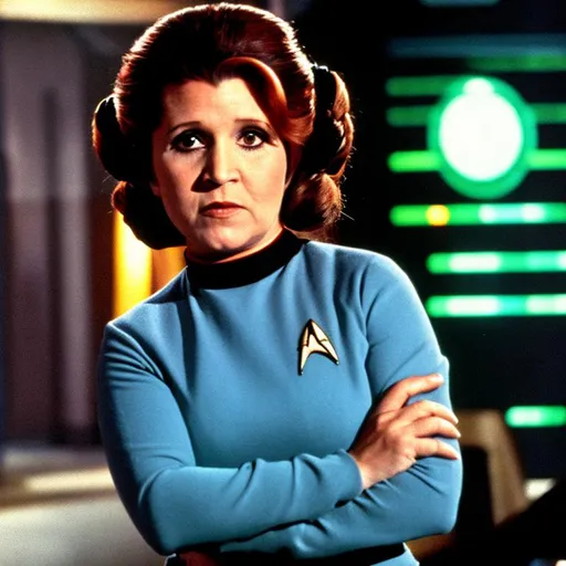 Prompt: Carrie Fisher in a Starfleet uniform, in the style of Star Trek. {Star Trek: The Next Generation}
