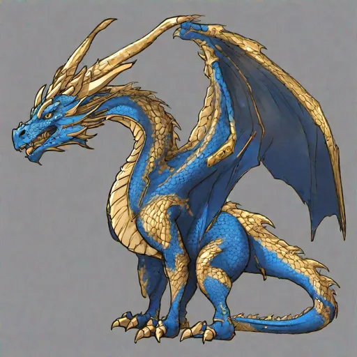 Prompt: Concept designs of a dragon. Full dragon body. Dragon has four legs and a set of wings.  Side view. Coloring in the dragon is blue with golden streaks or details present.