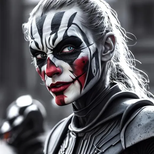 Prompt: monochrome, detailed face, taylor swift, beautiful, anorexic, skinny, the-joker face paint, darth-maul face paint, tall, scifi. dune 2021 armor