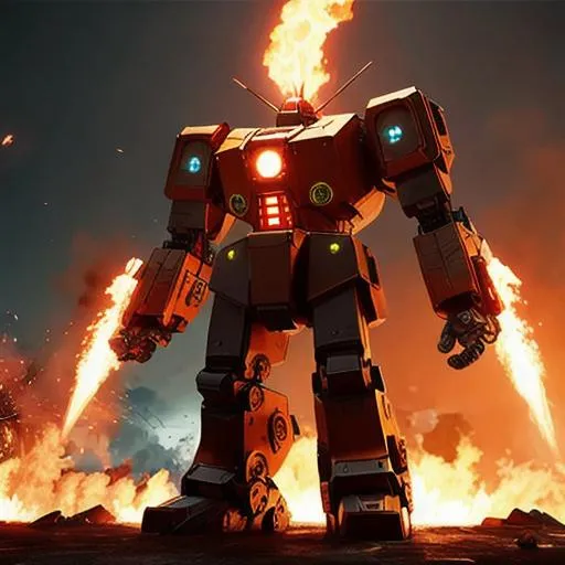 Prompt: Giant robot with flames, unreal engine, full metal body, extreme explosion, cyber war, hd ultra 4k, cinematic, hyper-realistic
