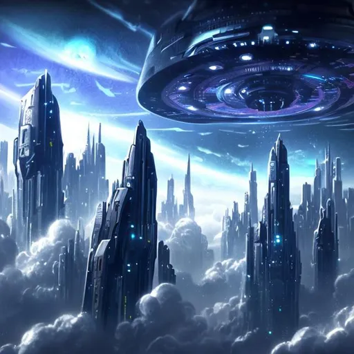 Prompt: Futuristic Tall black towers on deep dark ocean dark sky spaceships night lights hover ships dark tall city lots and lots of small floating ships hovering above clouds big planet with rings closeby spaceships hovering