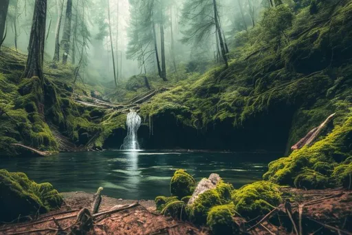 Prompt: Forest clearing with a waterfall and lake