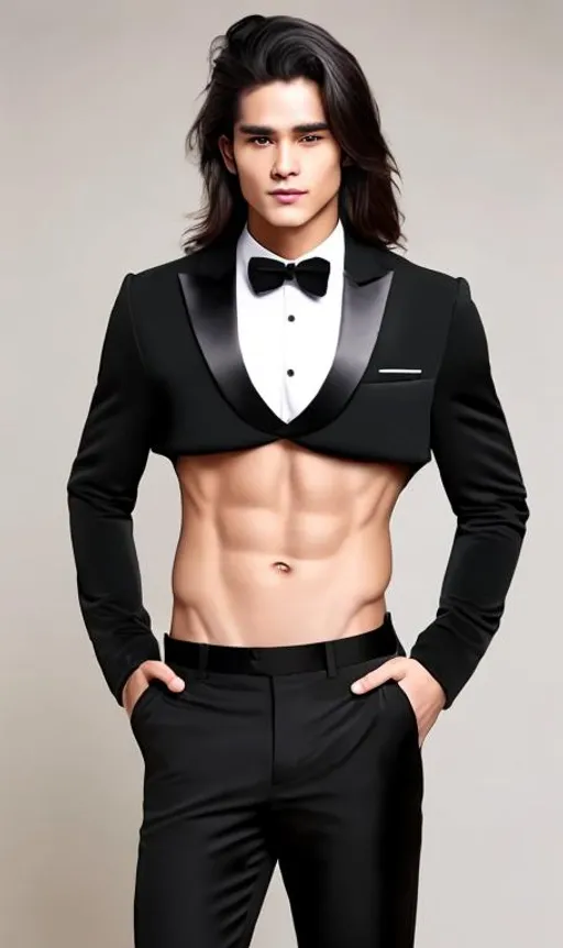 Prompt: an attractive long-haired 20-years old man with a six pack abs wearing a black crop top tuxedo, he has his hand on his hips, 