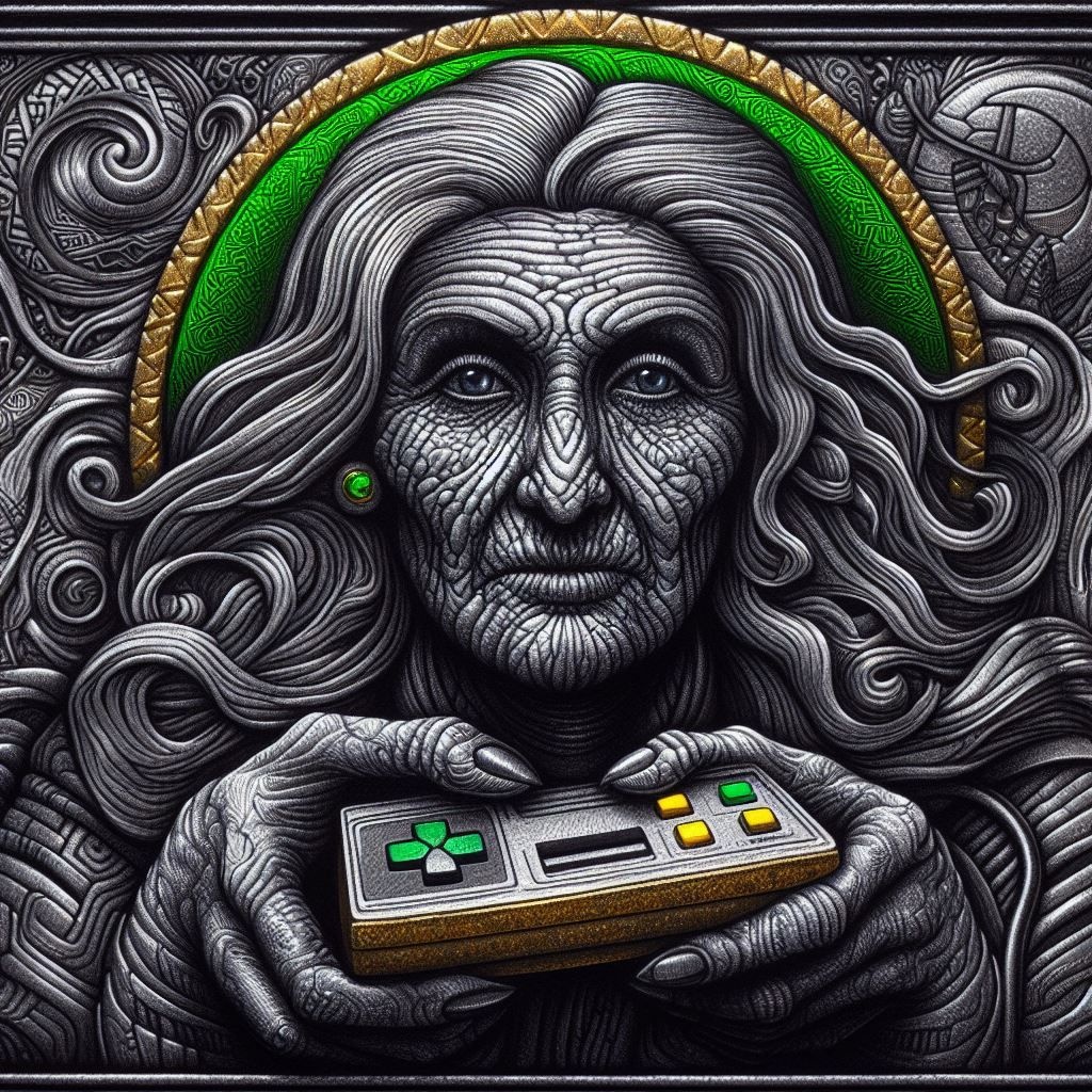 Prompt: game maker game old woman, in the style of psychedelic portraits, dark silver and light green, sgrafitto, fujifilm provia 400x, john pitre, embroidery