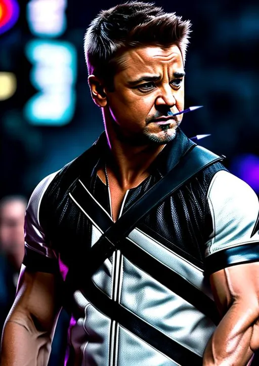 Prompt: High-resolution hyperrealistic photo of jeremy renner hawkeye merged with {colin farrell bullseye}, {{harsh skinfade}}, black and purple and white costume, uhd, hdr, 64k