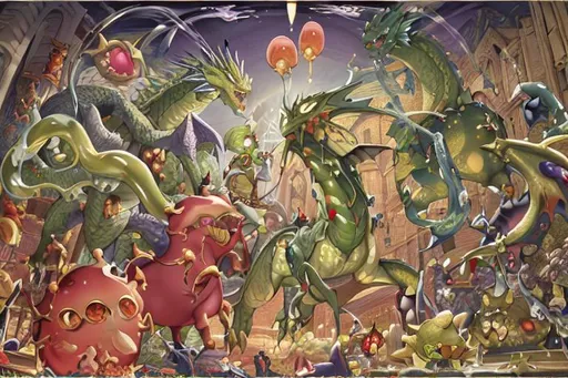 Prompt: A renaissance mural, depicting a large battle between three fantasy slime creatures, and one large abnormal demonic dragon. slimes taking forms of nightmares as they are formless beings of jelly nature