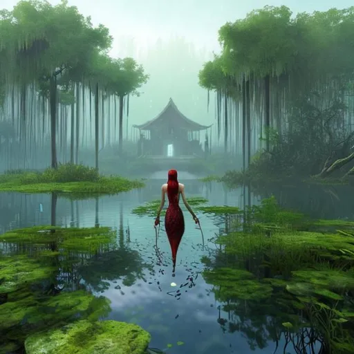 Prompt: Lady of the lake with red hair.
Main color are green and blue.
She is in the middle of the swamp and the environmet is composed by trees and shadows. Myst on the background.
Hyperrealistic and ultradetailed 