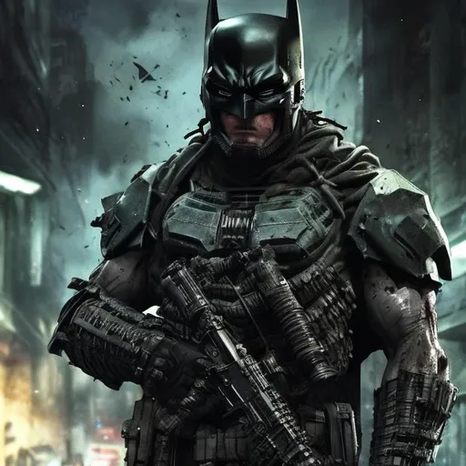 Prompt: Redesigned Gritty black and dark green futuristic military commando-trained villain batman. Bloody. Hurt. Damaged mask. Accurate. realistic. evil eyes. Slow exposure. Detailed. Dirty. Dark and gritty. Post-apocalyptic Neo Tokyo with fire and smoke .Futuristic. Shadows. Sinister. Armed. Fanatic. Intense. 