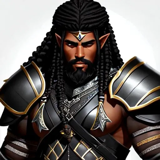 Prompt: A black and tall african barbarian elf with black hair, grey eyes, with a long braided beard, buff and huge, wearing studded leather armor, black skin.