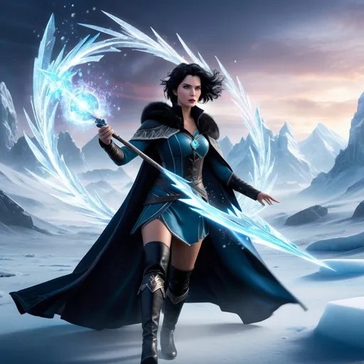 Prompt: short black haired mystical looking woman casting magic in a battle in a frozen wasteland