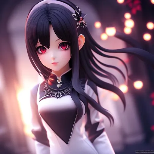 Prompt: cgi anime style vampire girl, soft lighting, symmetrical, intricate dark hair, long black dress