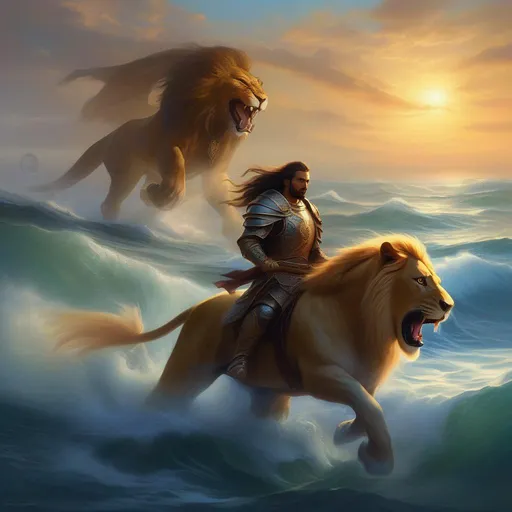 Prompt: (masterpiece, professional oil painting, epic digital art, best quality), D&D, a Chimera (((A Lion, Horse and Whale fusion))) being ridden by an unseen warrior, traveling across an open ocean,