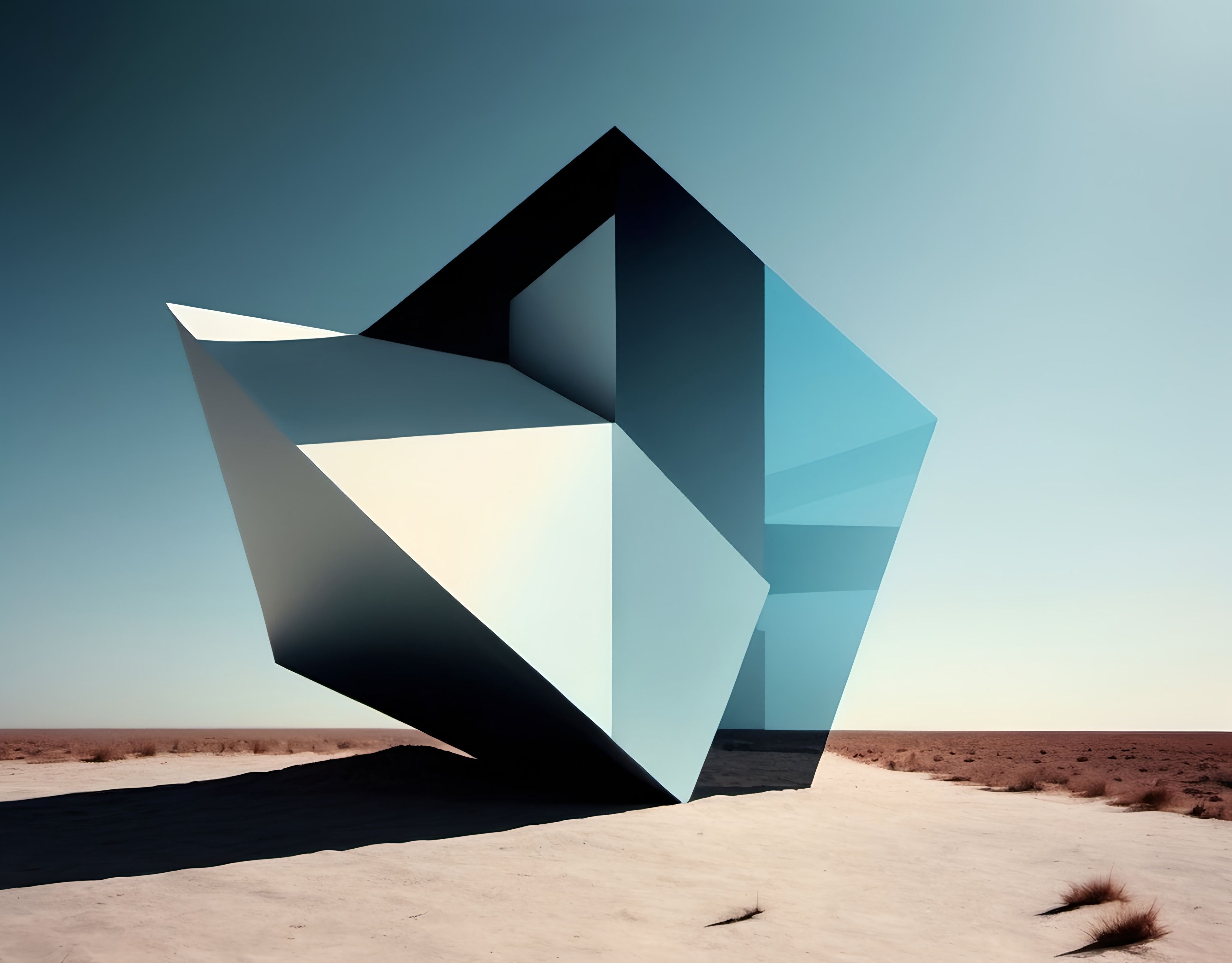 Prompt: a large blue object in the middle of a desert area with a sky background and a few small bushes, crystal cubism, angular, an abstract sculpture