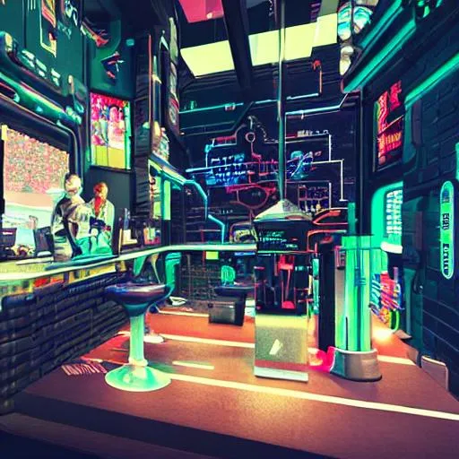 Prompt: a cyberpunk café