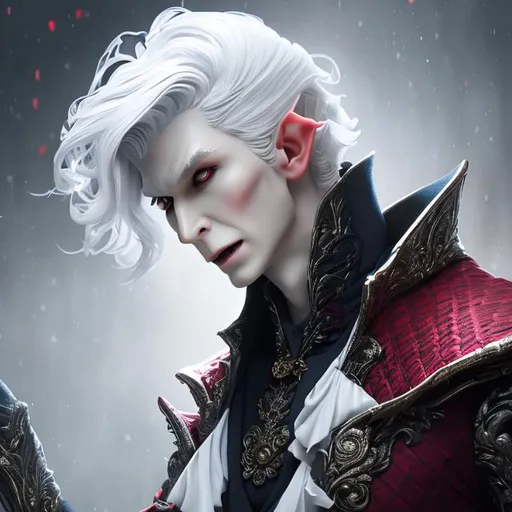 Prompt: Splash art portrait of male vampire, elf, 35 years old, youthful, handsome, white haired man, with short wavy white hair, {WHITE eyebrows}, red eyes, suave, charming, slight smile, slick, sophisticated, victorian dark clothes, purple clothes, elegant, highly detailed, intricate, smooth, sharp focus, artstation, digital painting, concept art, art by greg rutkowski, alphonse mucha and John William Waterhouse