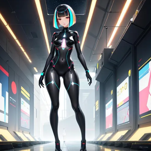 Prompt: a lonely AI girl, very tall, thick thighs, wide hips, long legs, slender waist, big symmetrical eyes, aloof expression, bob haircut with bangs, colorful Neo-Primitivist art style, 12K resolution, hyper quality, hyper-detailed, depth of field