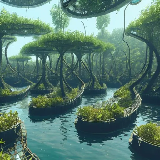 Prompt: outside mangrove swamp, futuristic fish farm, small, solarpunk, aquaculture, kelp garden, realistic details, photorealistic, 8k render, cinematic lighting, ultra detailed