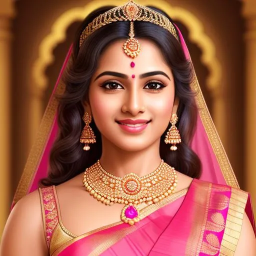 Prompt: long shot super detailed lifelike illustration, full potrait, intricately detailed, dramatic lighting, large muscles, gorgeous detailed face, wearing pink saree, girl with traditional look, elegant,married women godess, beautiful, loving, pretty, royal looking beautiful smile, wearing gorgeous crown with head held up in proud and bravery