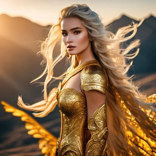 Prompt: Full-length concept, Beautiful Woman in golden detailed armor, Golden Wings, Heaven in background, Golden wings, beautiful flowing blonde hair, (8k)