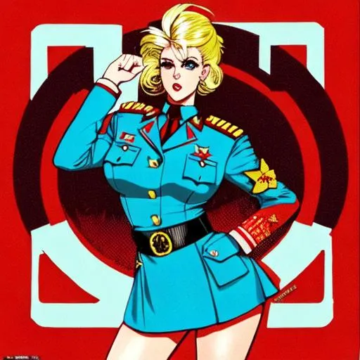 Prompt: ilustration like 1980s punk poster

a full body shot, a whole body picture, a blonde curvy girl looks like a hero of a soviet republic

accurate proportions, lovely square face, big light blue eyes, narrow nose, narrow red lips, Russian, busty, saggy, big areolas, Soviet uniform

She is wearing German, black SS uniform

She is holding pistol

Pastel colours, centered, approaching perfection, dynamic, highly detailed, watercolour painting, artstation, concept art, smooth, sharp focus, illustration, art by Julie Bell and Boris Vellejo and Luis Rojo