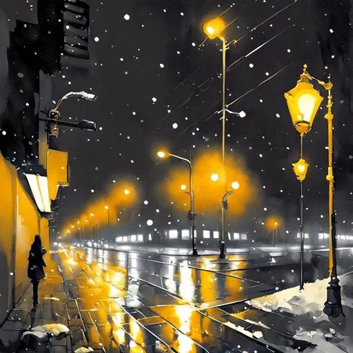 Prompt: Art Deco styled city at nighttime. It is snowing and the streetlights are emitting a warm glow on the street and sidewalk.