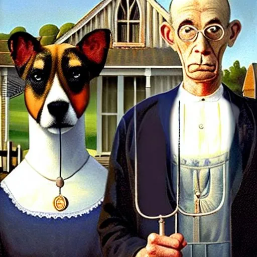 Prompt: a painting of two Jack Russells in the style of American Gothic