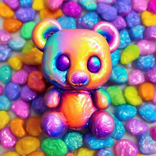 Prompt: Miniature teddy bear in the style of Lisa frank