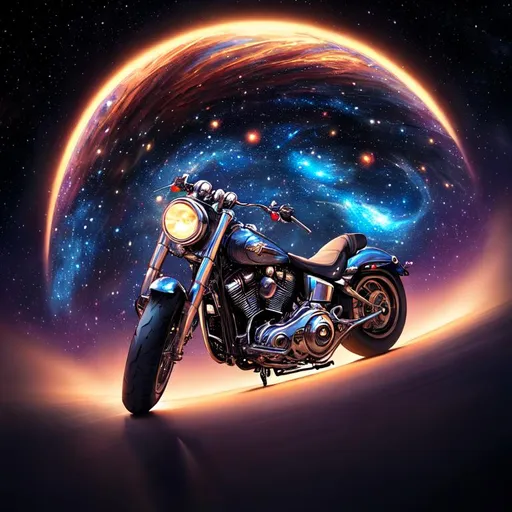 Prompt: An epic fantastic realism comic book style painting of the most beautiful spinning 2011 DYNA WIDE GLIDE, launched across the dark and starry night sky,  fisheye, unreal 5, DAZ, hyperrealistic, octane render, dynamic lighting