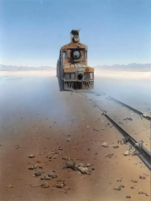 Prompt: Abandoned train in the desert flud 