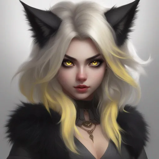 Prompt: An evil, full body pose , (demon) girl, evil facial expression, (hyperrealistic face, hyperrealistic eyes, hyperrealistic nose, hyperrealistic lips), evil facial expression, (black sclera eyes), black sclera, yellow cat eyes, big gray lynx ears, big (wide {blonde} {spiky} fluffy) extra very long hair, (fringeless), {blonde} hair, (no fringe), (forehead visible), pale skin, sharp jaw, black latex leotard, hyperrealistic face, hyperrealistic eyes, hyperrealistic nose, hyperrealistic lips, ethereal, divine, goddess, intricate facial details, intricate eye detail, black latex leotard suit, fighting pose, attack, oncept art, high resolution scan, hd octane render, intricate detailed, highly detailed face, unreal engine, trending on artstation, UHD, 8k, Very detailed