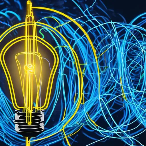 Prompt: An abstract representation of electrical circuits in vibrant blue and yellow hues, forming the shape of a lightbulb at the center.