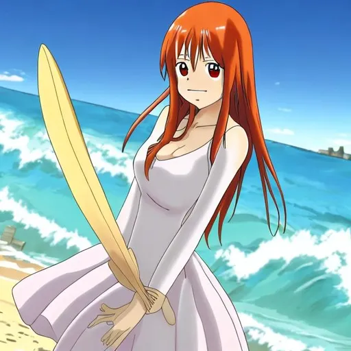 Prompt: quiero imagenes de orihime inue en la playa quiero en buena en calidad en diseño anime

