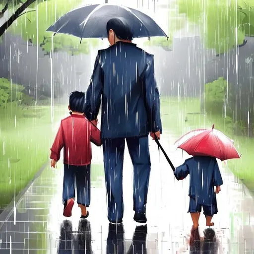 Prompt: Artwork of Baby boy and father walking in the rain using umbrella going to the supermarket 