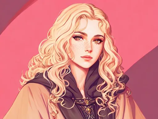 Prompt: dnd, portrait, long curly hair, female, Illustration, black hood and robes, scars, freckles