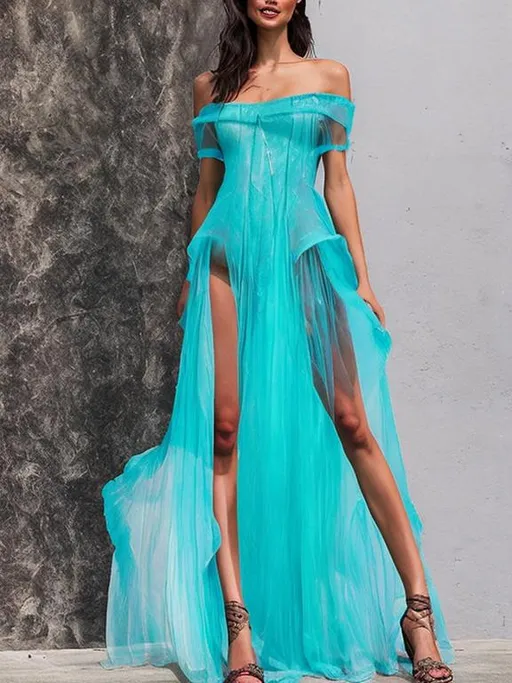 Prompt: ethereal iridescent sheer layered haute dress；off-shoulder; long streaking;