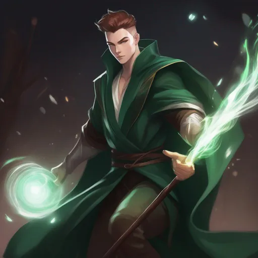 Prompt: a dynamic waist up drawing of an athletic, adult slender muscular male mage in movement, wearing a dark green wizars robe with a cape, loincloth, white shirt underneath, very short extremely deep dark brown slicked back pompadour undercut with dark ginger highlights and shaved sides, very bright and pale milky skin. He fights with a wooden magic staff with a crystal and shoots magical pulses in motion, in rage, soft feminine body features, rising, athlete, scarred face, Smooth skin, detailed face, well drawn face. Akira art, Ghost in the shell art. Masamune Shirow art. anime art. Leiji Matsumoto art. Akira art. Otomo art. 2d. 2d art.