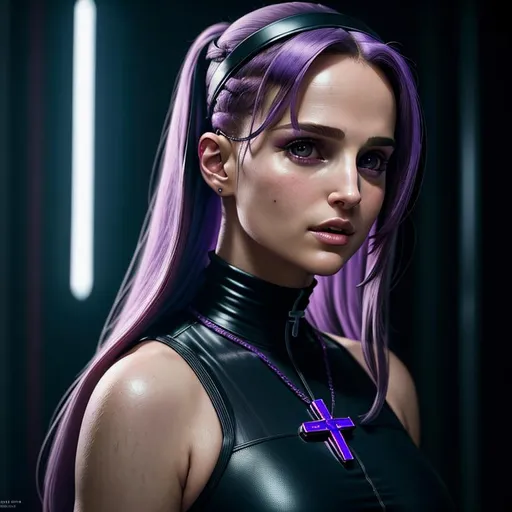 Prompt: Cyberpunk, Young Natalie Portman pig-tail purple hair, short dress, nun, cross around neck, raw photo, photorealistic, High Detail, dramatic, UHD, HDR raw photo, realistic, sharp focus, 8K high definition, insanely detailed, intricate, high quality, 
