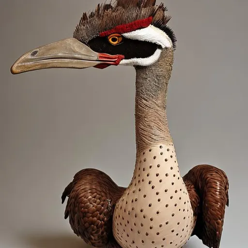 Prompt: a bird statue with a ostrich and quebec head. neck of a ostrich . body of a quebec. tail of a pheasant. feet of a duck.
