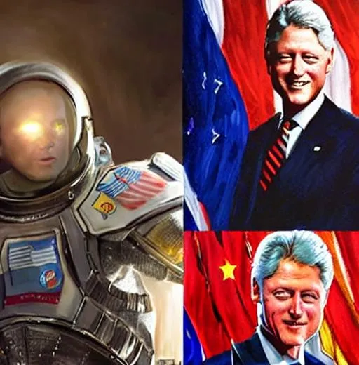 Prompt: award-winning portrait painting of Bill Clinton wearing Space battle armor (backlighting:1.4), digital painting, concept art, smooth, sharp focus, rule of thirds, science fiction, full body with head, 'intricate details', long shot, (medium depth of field:1.1), highly detailed, splash art, CFG 8
