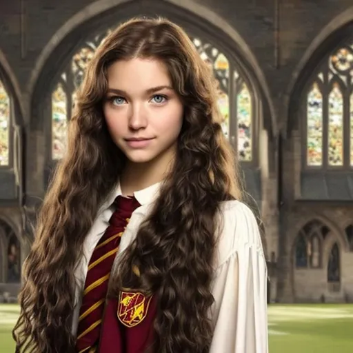 Prompt: long-haired, brown-haired, green-eyed beautiful woman as a Hogwarts Gryffindor student at Hogwarts