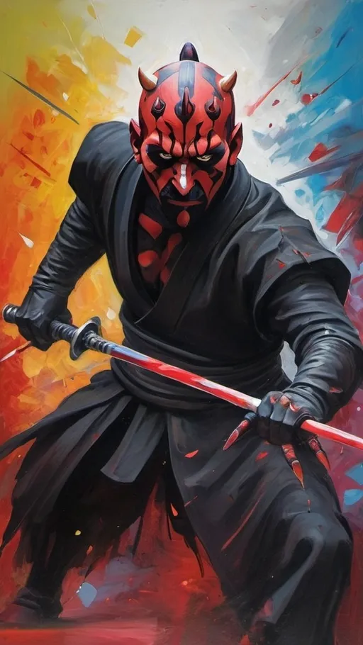 Prompt: An abstract painting with bright, eye-catching colors. Darth Maul in battle